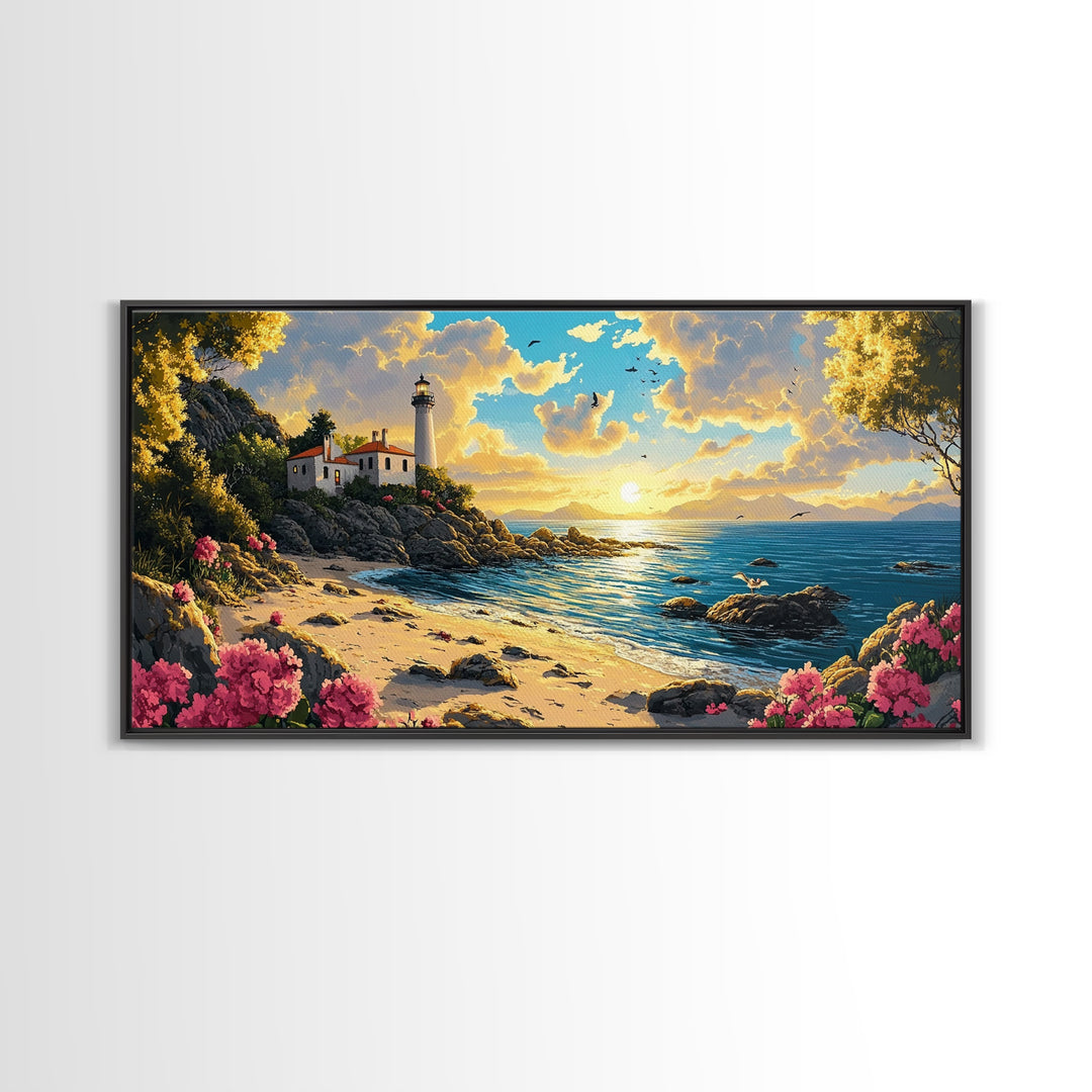 Rocky Beach Lighthouse At Warm Sunset Canvas Print, Coastal Wall Art, Ocean Seascape, Beach House Living Room Decor Gift