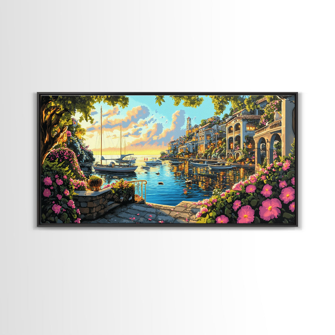 Flower Filled Mediterranean Marina At Sunset Canvas Print, Coastal Wall Art, Italy Decor, Canal Village Landscape Print Gift