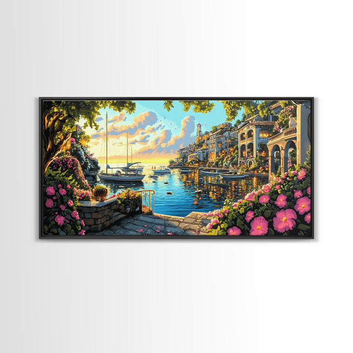 Flower Filled Mediterranean Marina At Sunset Canvas Print, Coastal Wall Art, Italy Decor, Canal Village Landscape Print Gift