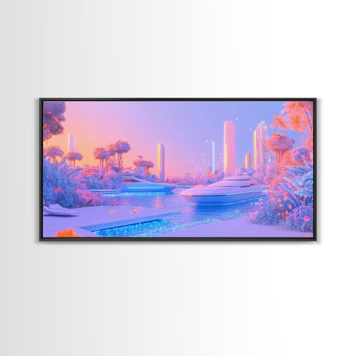 Pastel Futuristic Yacht Canal With Pink Palms Canvas Print, Sci Fi Wall Art, Vaporwave Decor, Dreamy Coastal Poster For Bedroom