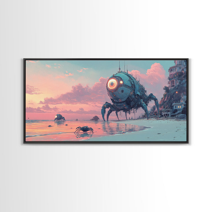 Robot Crab Beach Sunset Wall Art, Sci Fi Coastal Canvas, Futuristic Ocean Decor, Cyberpunk Seascape Print, Gamer Gift For Him
