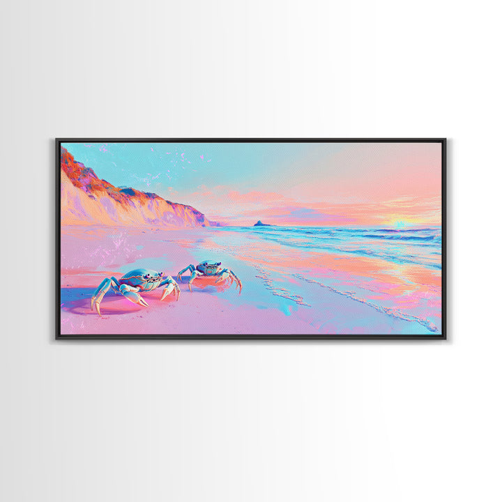 Pastel Crabs On Pink Beach Canvas Print, Coastal Wall Decor, Ocean Sunset Art, Tropical Nursery Decor, Beach House Gift For Her