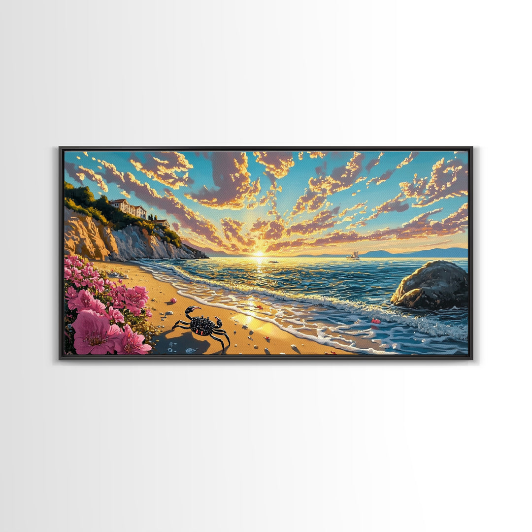 Golden Coastal Sunset With Crab Wall Art, Mediterranean Beach House Decor, Ocean Seascape Print, Living Room Canvas Art Gift