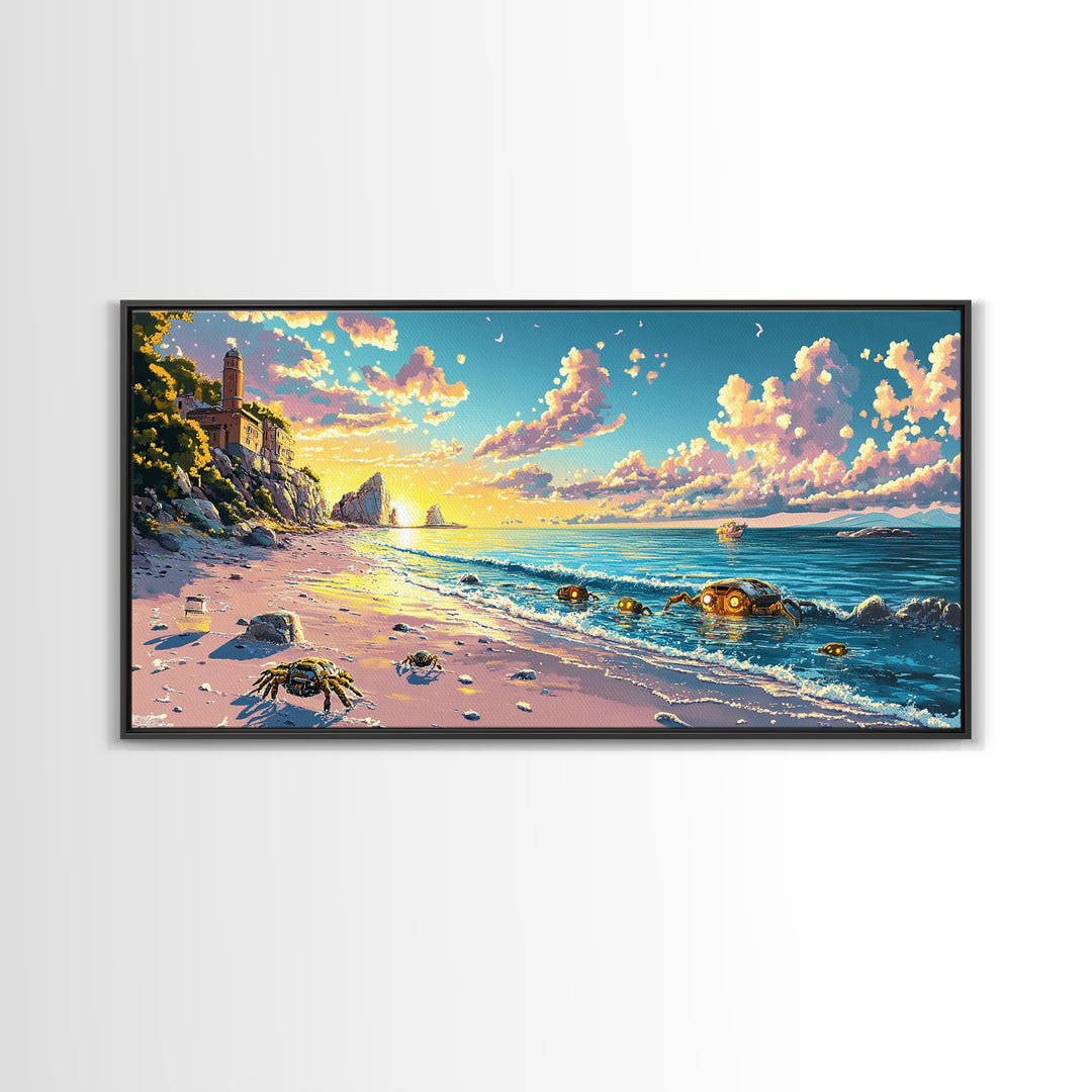 Sunlit Lighthouse Cove And Robot Crab Canvas Print, Coastal Sci Fi Wall Decor, Ocean Beach Art, Futuristic Nautical Gift