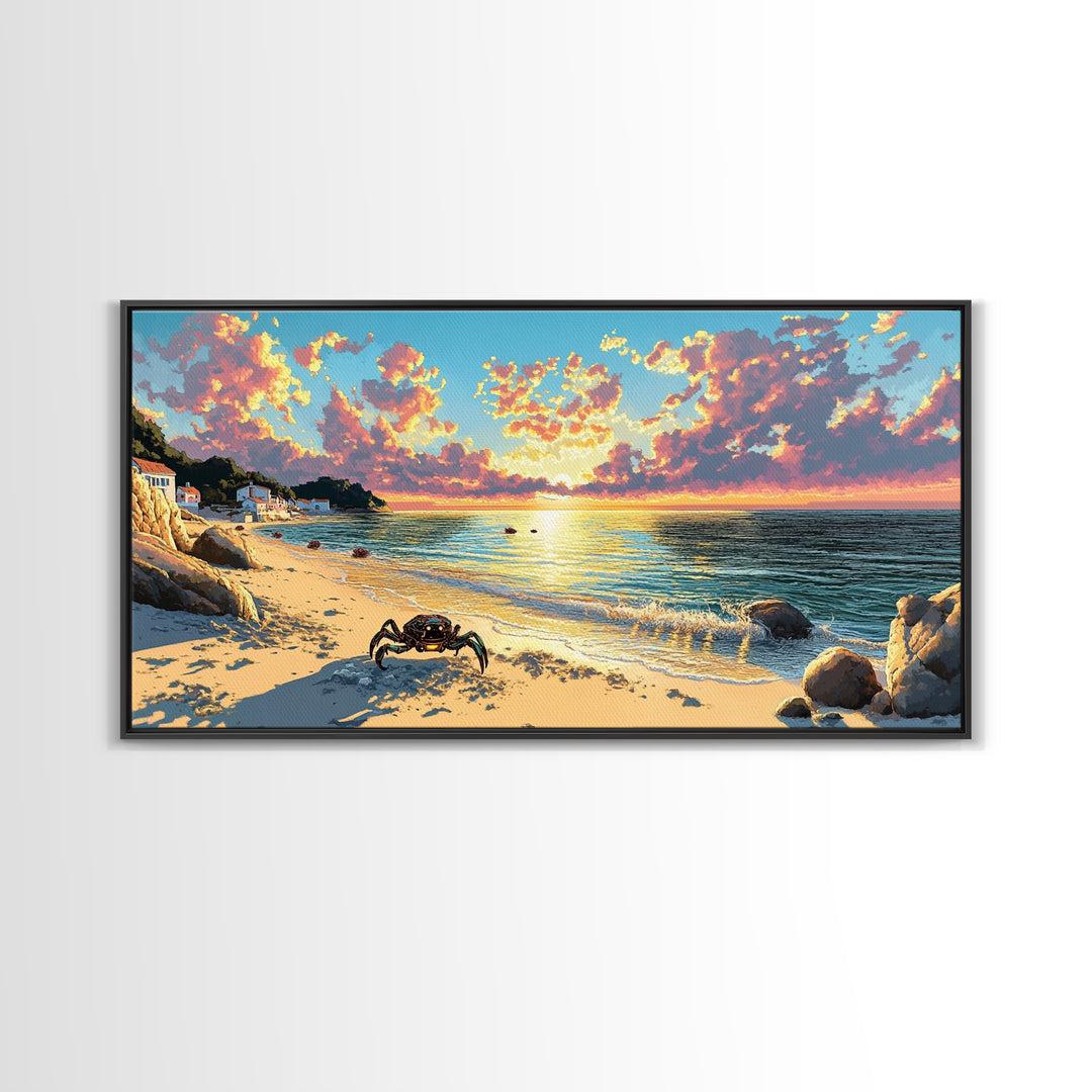 Crab On Golden Beach At Sunset Wall Art, Coastal Seascape Print, Ocean House Decor, Tropical Living Room Canvas Gift For Her
