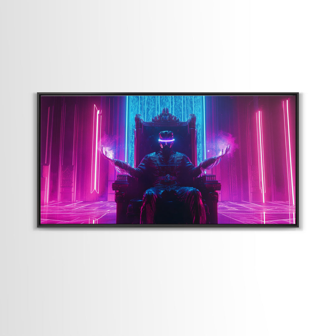 Neon Cyberpunk King On Throne Framed Canvas Print, Futuristic Wall Art, Sci Fi Gaming Room Decor, Dark Fantasy Gift For Him
