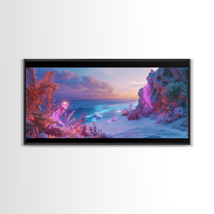 Neon Fantasy Beach With Glowing Coral Canvas Print, Tropical Ocean Wall Art, Cyberpunk Coastal Decor, Ethereal Seascape Print
