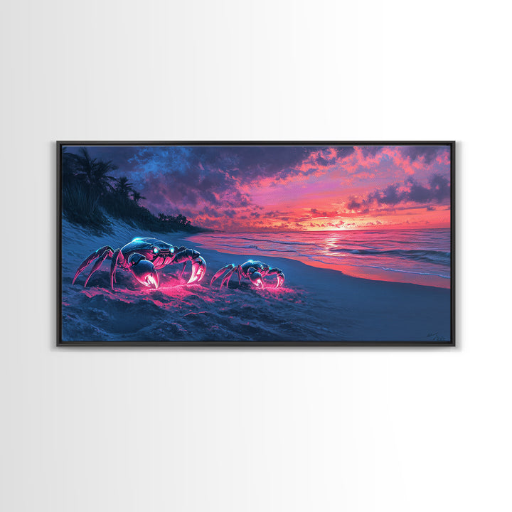 Glowing Neon Crabs On Twilight Beach Canvas Print, Cyberpunk Ocean Wall Art, Tropical Coastal Decor, Sci Fi Seascape Gift