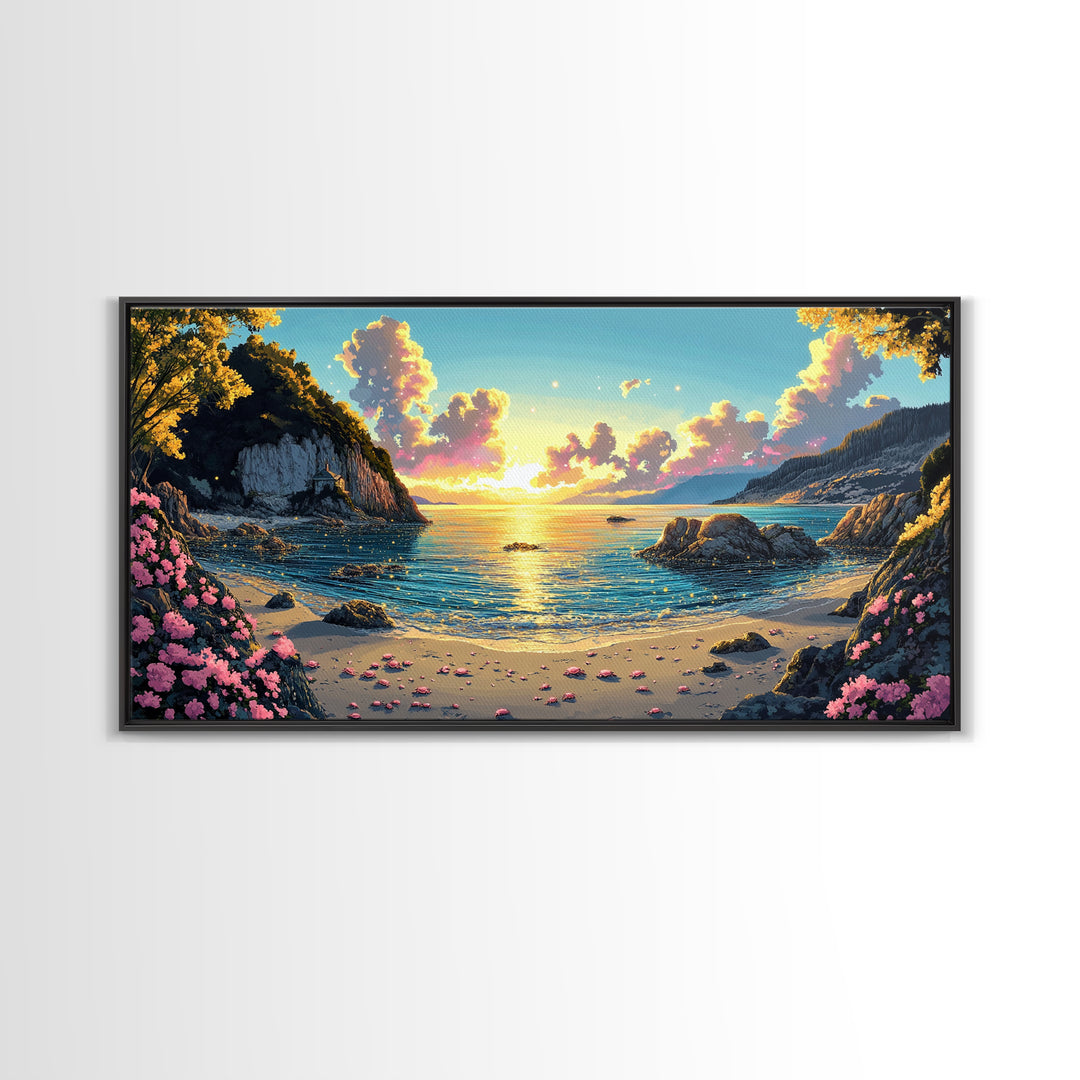 Mountain Cove Sunset With Pink Flowers Wall Art, Coastal Lake Canvas Print, Nature Landscape Decor, Serene Beach House Gift