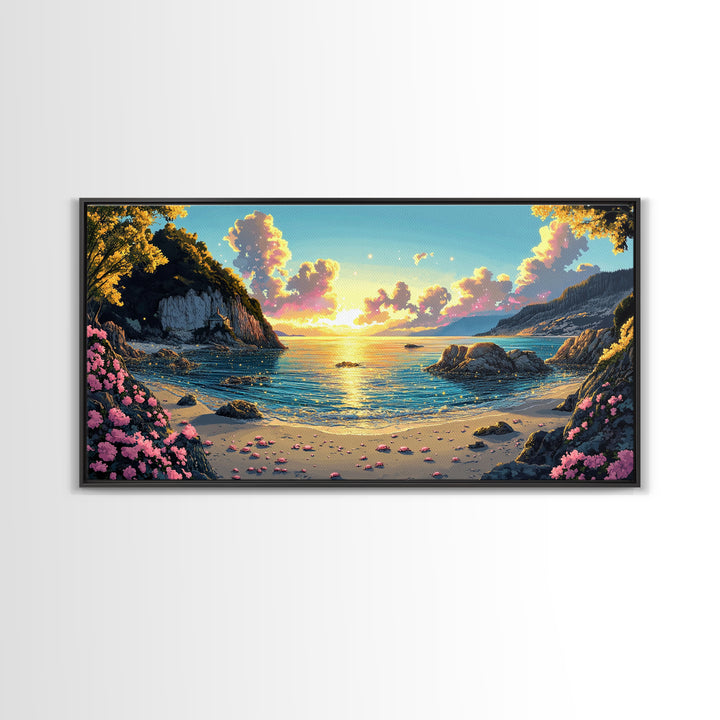 Mountain Cove Sunset With Pink Flowers Wall Art, Coastal Lake Canvas Print, Nature Landscape Decor, Serene Beach House Gift