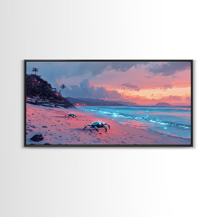 Bioluminescent Crab Beach At Pink Sunset Canvas Print, Coastal Wall Art, Ocean Decor, Beach House Gift, Fantasy Seascape