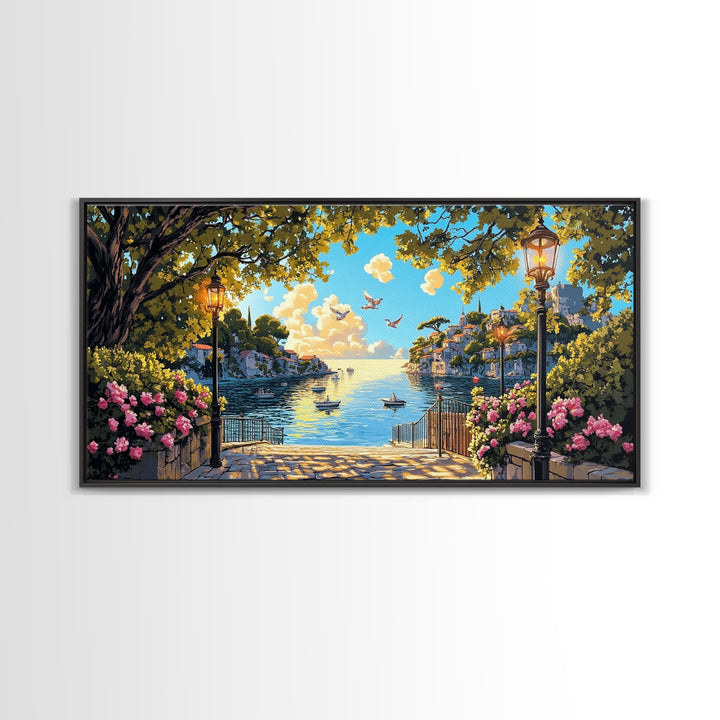Sunny Mediterranean Harbor With Flowers And Lamps Wall Art, Coastal Canvas Print, Italian Decor, Living Room Wall Decor Gift