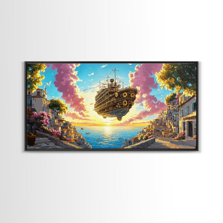 Floating Steampunk Ship Above White Coastal Village Canvas Print, Fantasy Wall Art, Mediterranean Decor, Travel Poster Gift