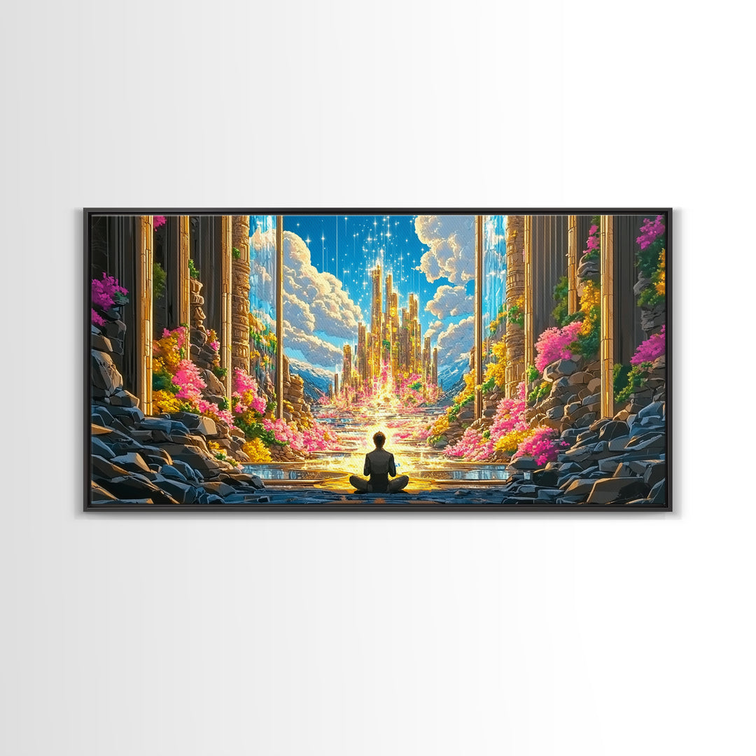 Meditating Figure Before Golden Celestial City Canvas Print, Fantasy Wall Art, Spiritual Decor, Meditation Room Art Gift