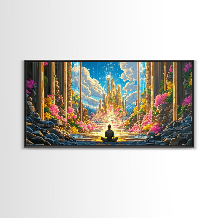 Meditating Figure Before Golden Celestial City Canvas Print, Fantasy Wall Art, Spiritual Decor, Meditation Room Art Gift
