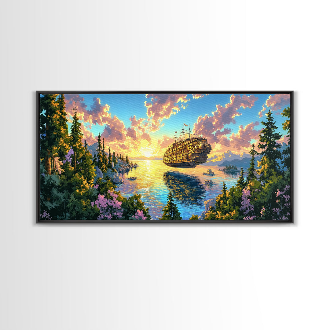 Steampunk Airship Over Sunset Forest Lake Framed Canvas Print, Fantasy Wall Art, Nature Decor, Cabin Living Room Art Gift
