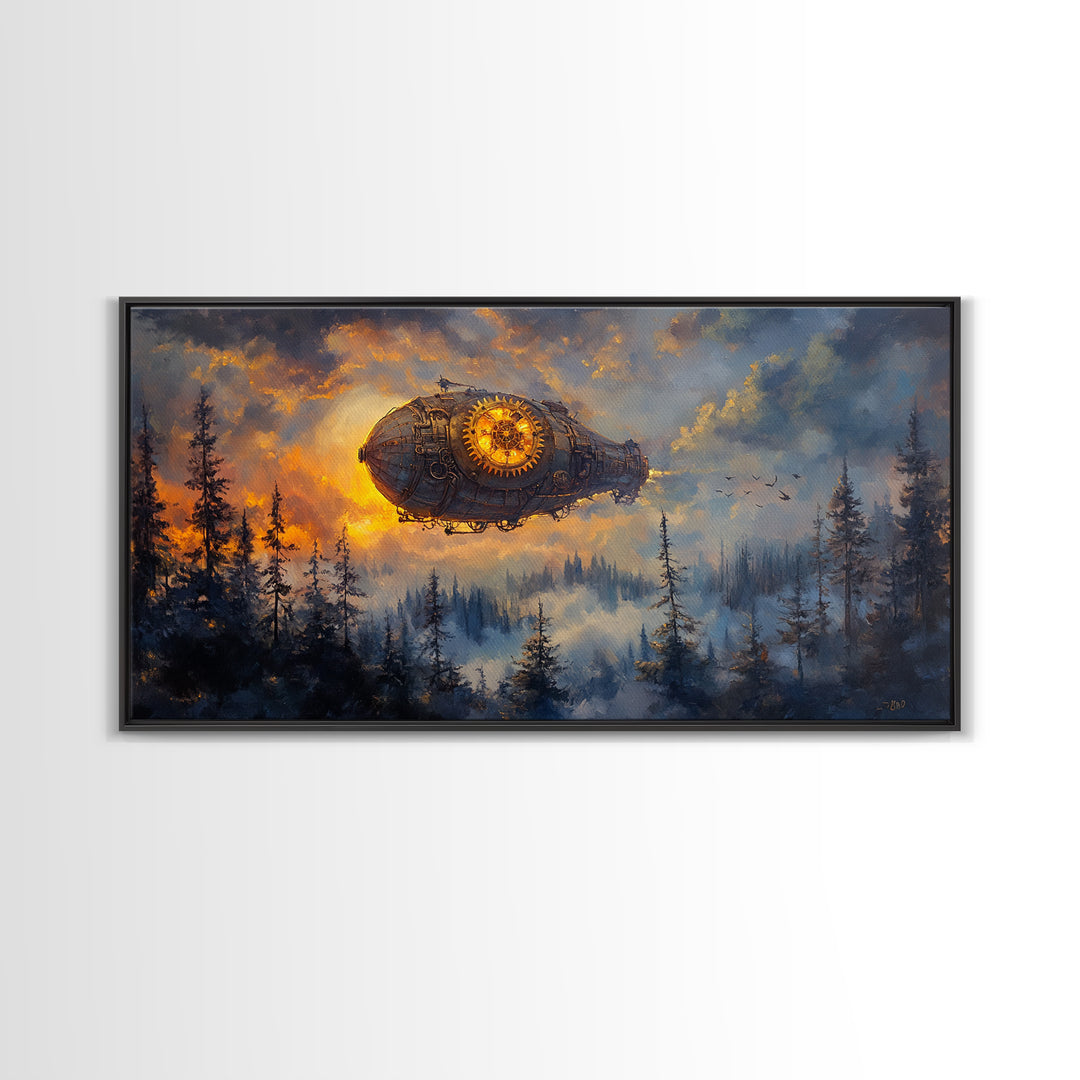 Moody Steampunk Airship Above Misty Pine Forest Canvas Print, Dark Fantasy Wall Art, Industrial Decor, Masculine Office Art