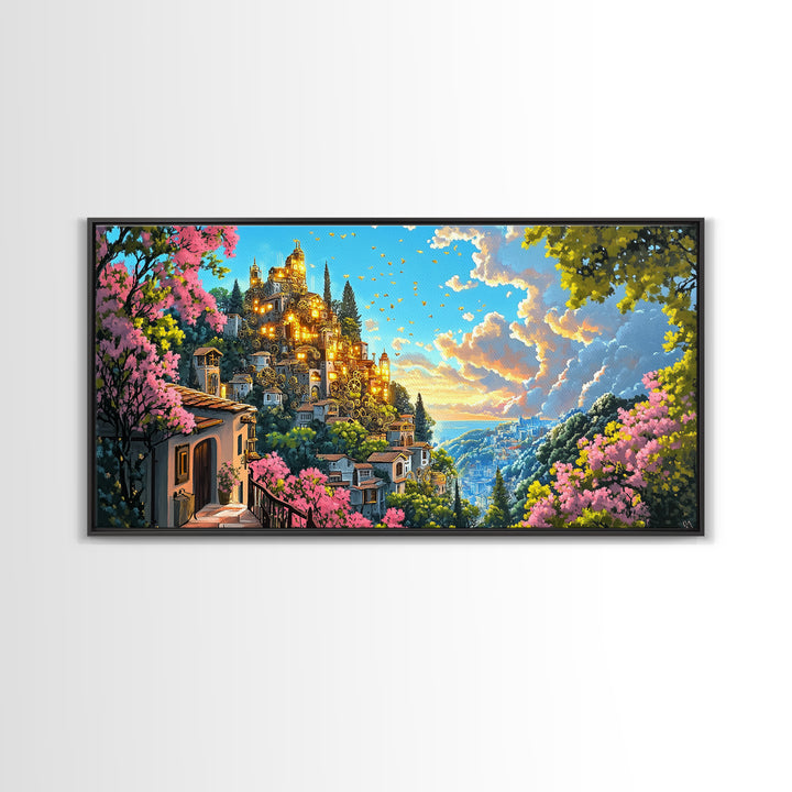 Golden Hilltop Castle With Pink Blossoms And Blue Valley Wall Art, Fantasy Canvas Print, Mediterranean Decor, Maximalist Art Gift