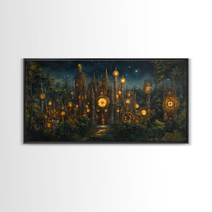 Clockwork Cathedral In Starry Forest Wall Art, Steampunk Fantasy City Canvas, Gothic Celestial Decor, Moody Office Print