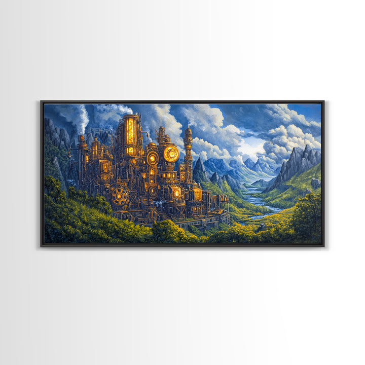 Steampunk Mountain Fortress Canvas Print, Industrial Fantasy Landscape Art, River Valley Wall Decor, Adventure Home Decor