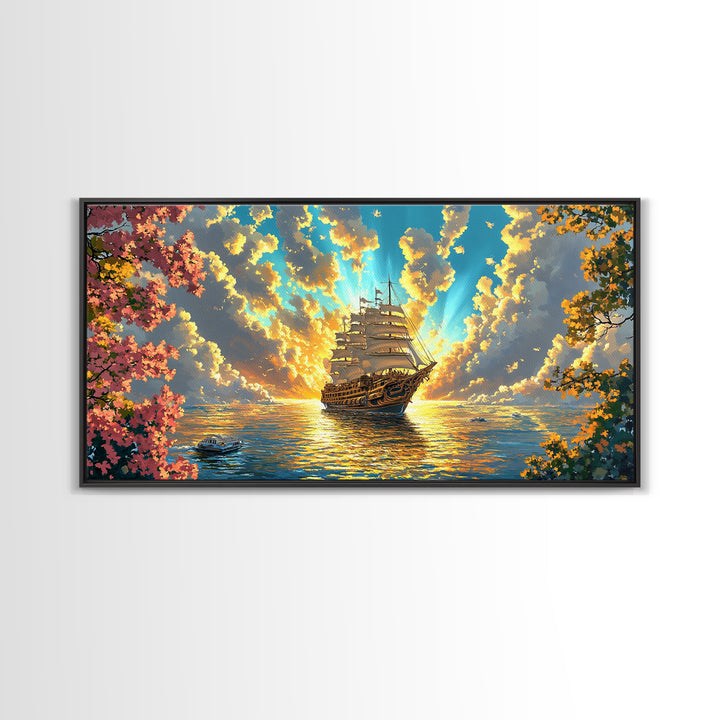 Golden Sailing Ship Canvas Print, Sunset Ocean Seascape Wall Art, Nautical Coastal Decor, Romantic Beach House Living Room Art