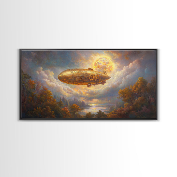 Golden Steampunk Airship Framed Canvas Print, Autumn River Landscape Wall Art, Celestial Moon Decor, Fantasy Office Art Print
