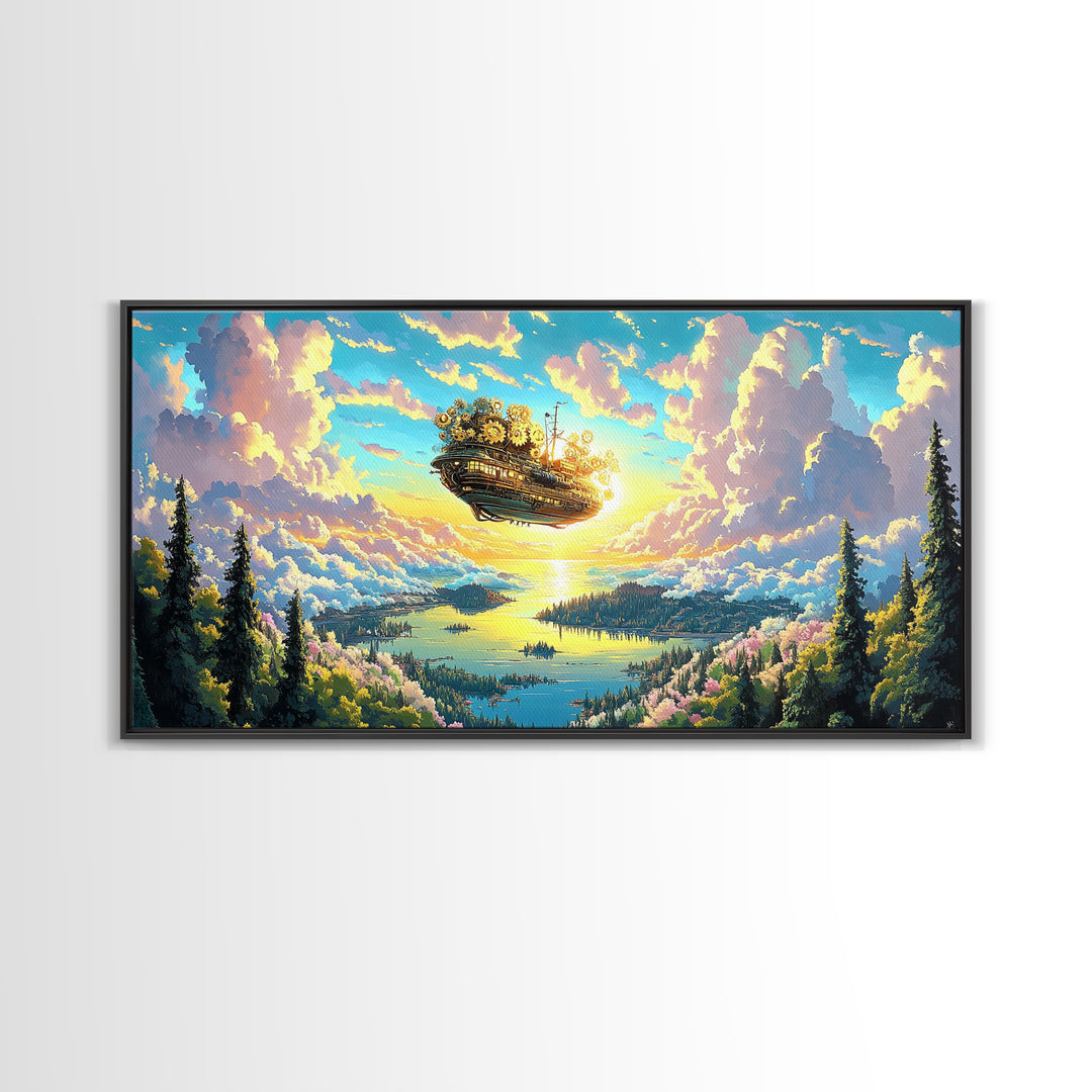Floating Clockwork Island Canvas Print, Dreamy Lake Sunrise Wall Art, Pastel Cloud Fantasy Decor, Whimsical Home Decor Art