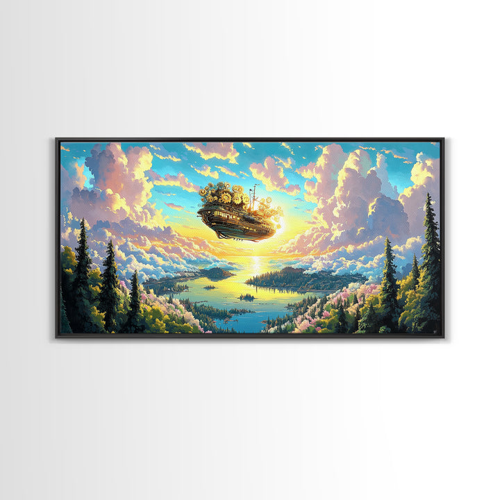 Floating Clockwork Island Canvas Print, Dreamy Lake Sunrise Wall Art, Pastel Cloud Fantasy Decor, Whimsical Home Decor Art