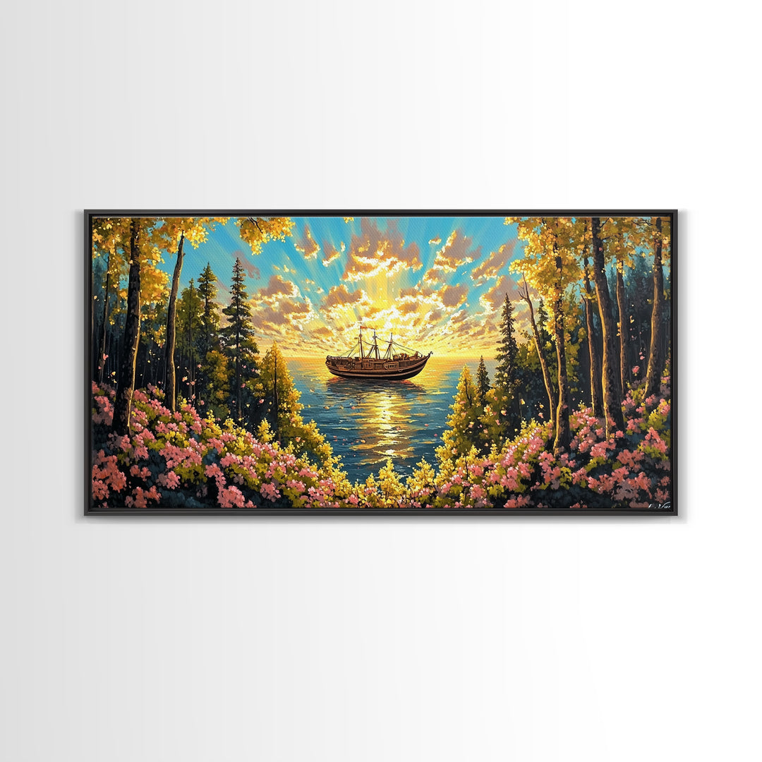 Sunset Boat On Forest Lake Wall Art, Wildflower Coastal Landscape Canvas Print, Rustic Nature Home Decor, Cozy Cabin Art