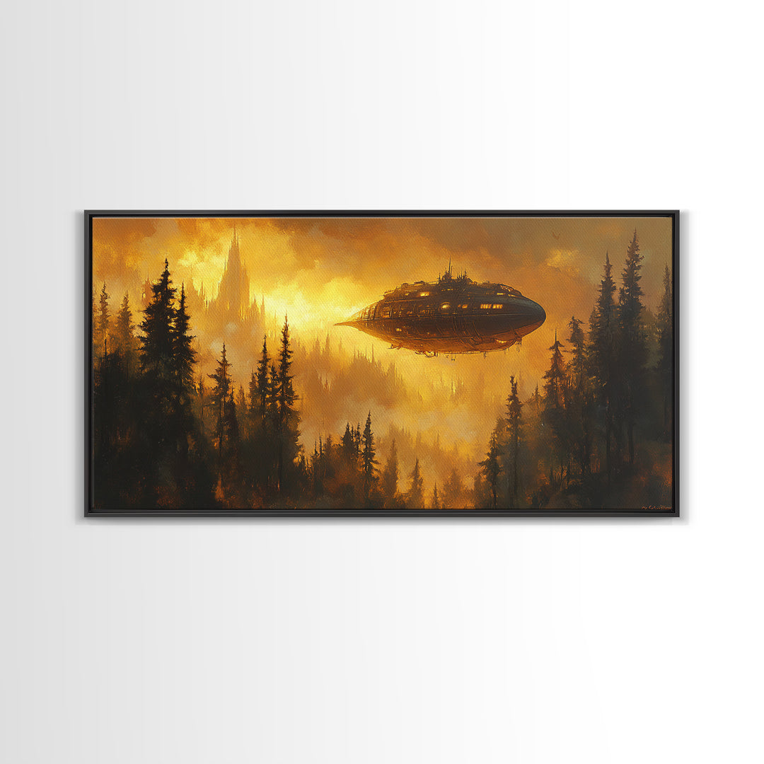 Golden Airship Over Pine Forest Wall Art, Dark Fantasy Castle Canvas Print, Moody Steampunk Landscape, Gothic Home Decor