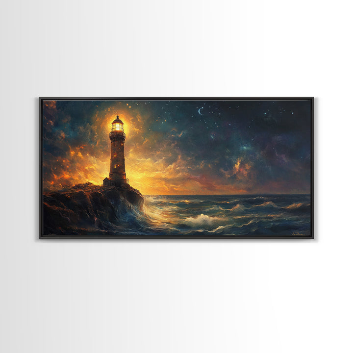 Stormy Lighthouse At Night Framed Canvas Print, Moody Seascape Wall Art, Coastal Decor, Ocean Painting, Gift For Him, Office Decor