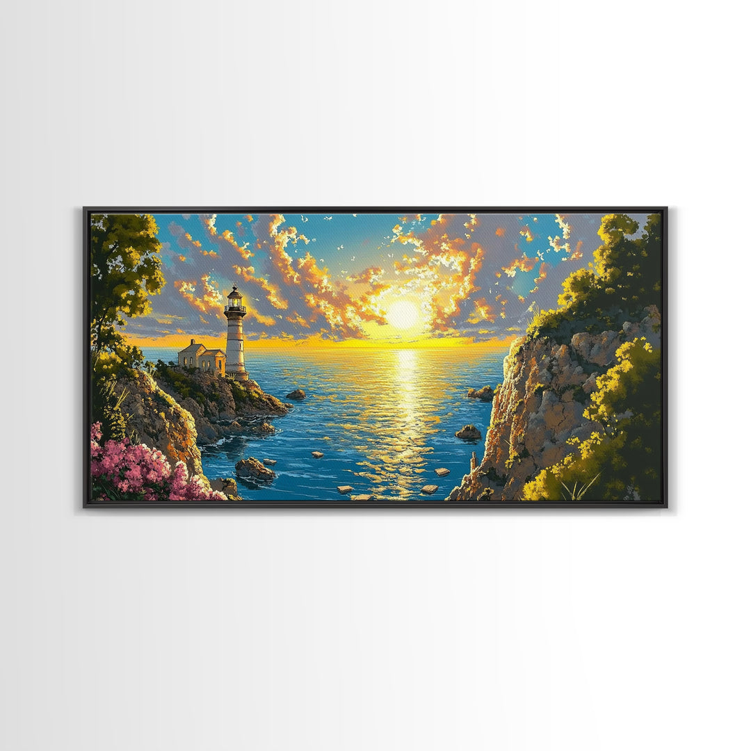 Golden Coastal Cove Lighthouse Canvas Print, Beach Wall Art, Ocean Sunset Painting, Nautical Decor, Living Room Wall Art
