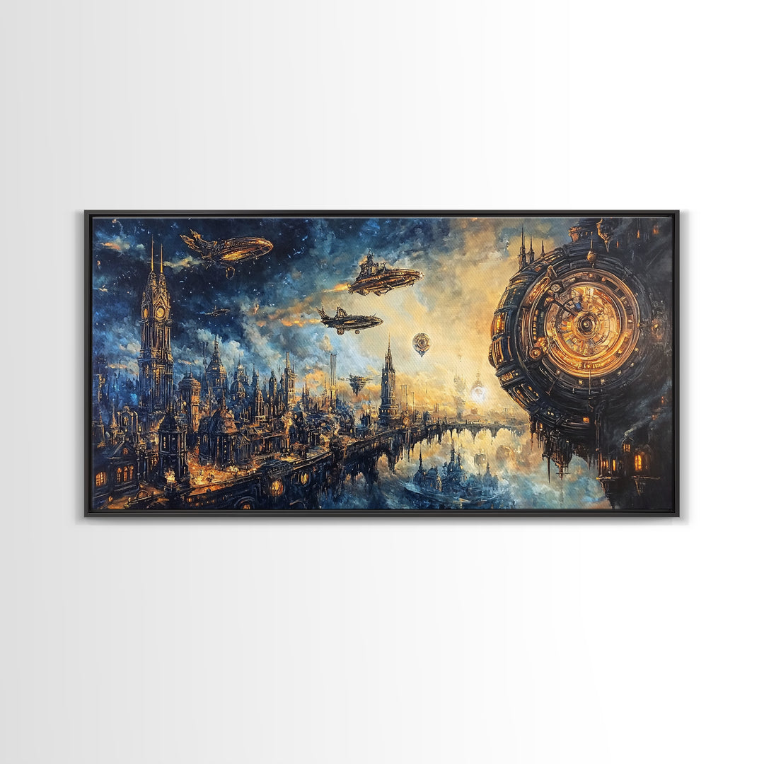 Sci Fi Clockwork City With Airships Framed Canvas Print, Futuristic Wall Art, Space Decor, Cyberpunk Cityscape Art, Large Wall Art