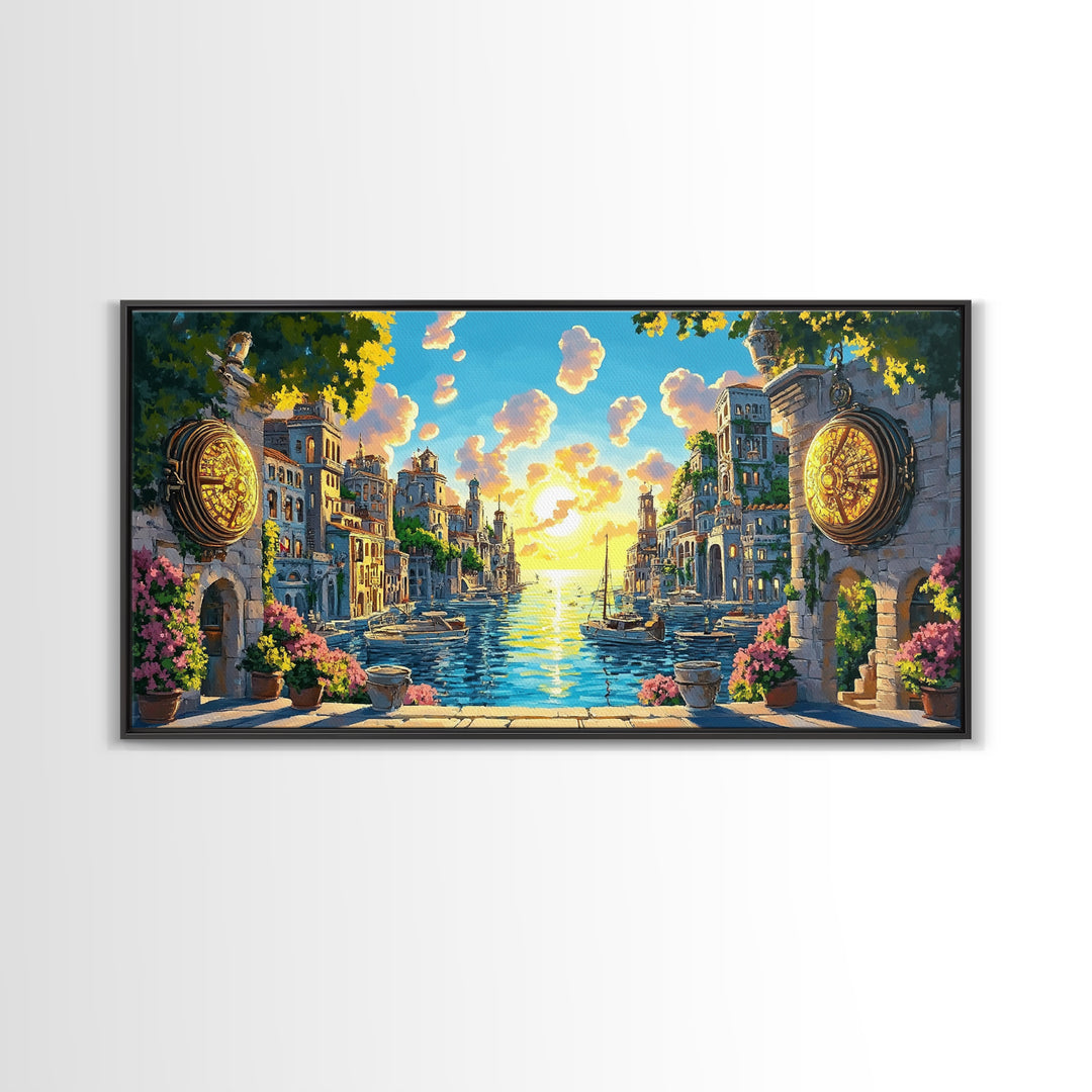 Glowing Canal City With Golden Portals Framed Canvas Print, Mediterranean Wall Art, Coastal Decor, Fantasy Landscape Art