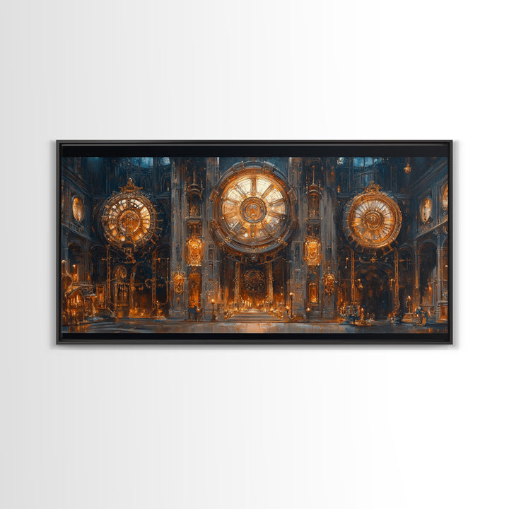 Ornate Steampunk Clock Hall Framed Canvas Print, Gothic Wall Art, Industrial Decor, Large Clockwork Interior Art, Office Decor
