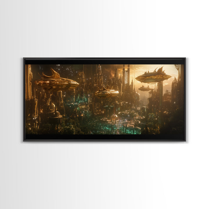 Golden Futuristic City With Airships Canvas Print, Cyberpunk Wall Art, Sci Fi Decor, Dark Fantasy Skyline, Large Wall Art