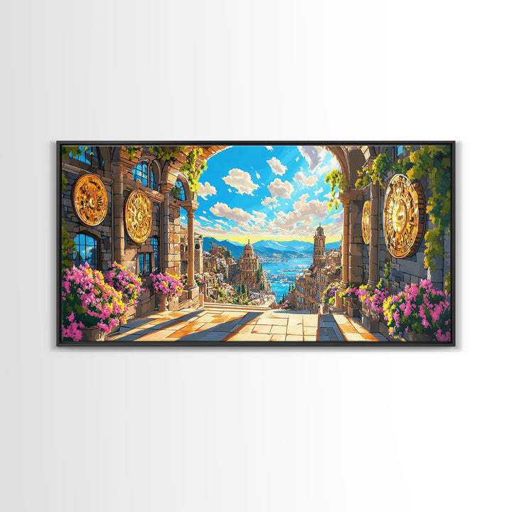 Sunlit Mediterranean Archway And Floral Coastal City Wall Art, Fantasy Italy Seascape Print, Large Travel Decor Home Decor Canvas Print