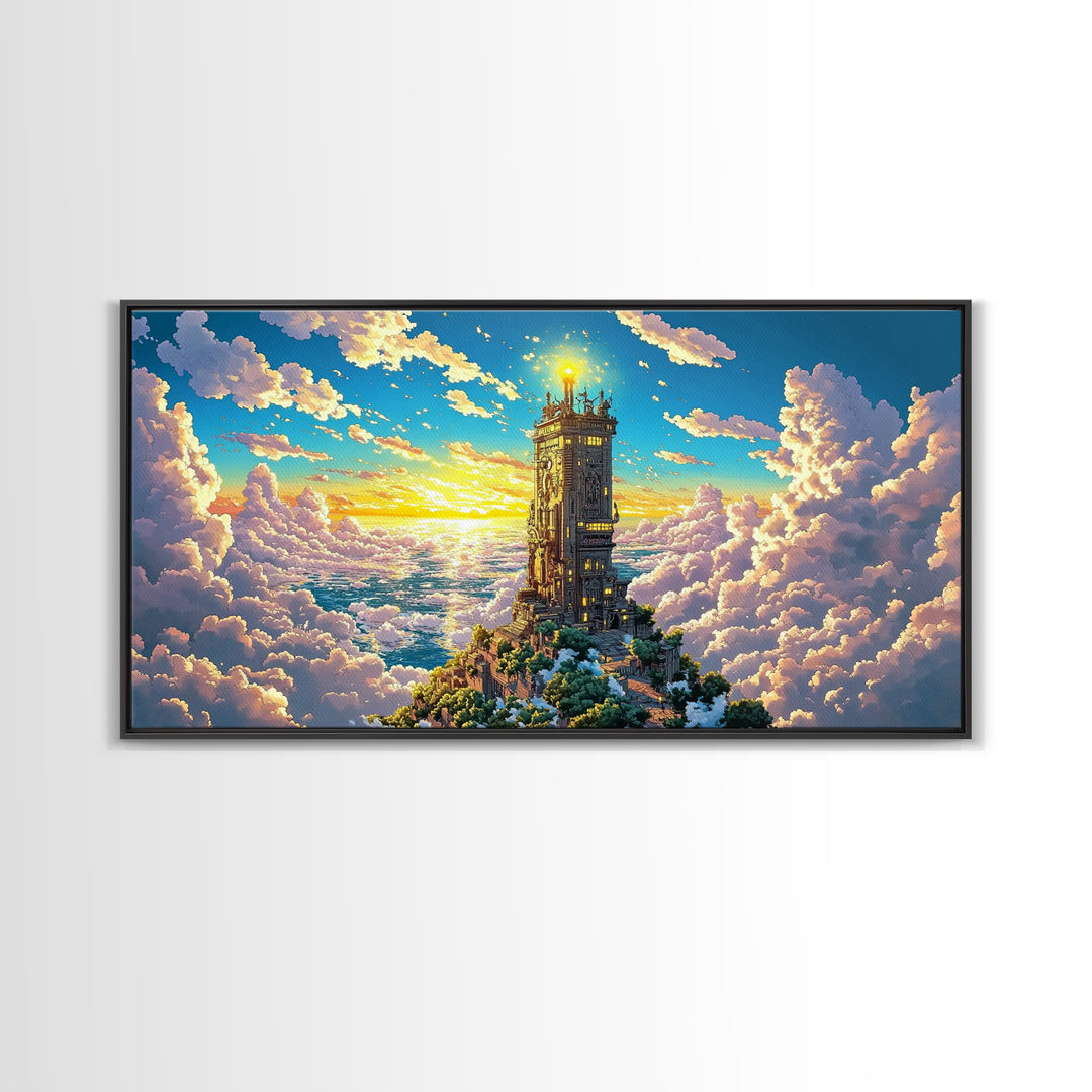 Golden Tower Above The Clouds Canvas Print, Fantasy Sky Castle Wall Art, Celestial Sunset Landscape For Living Room Decor