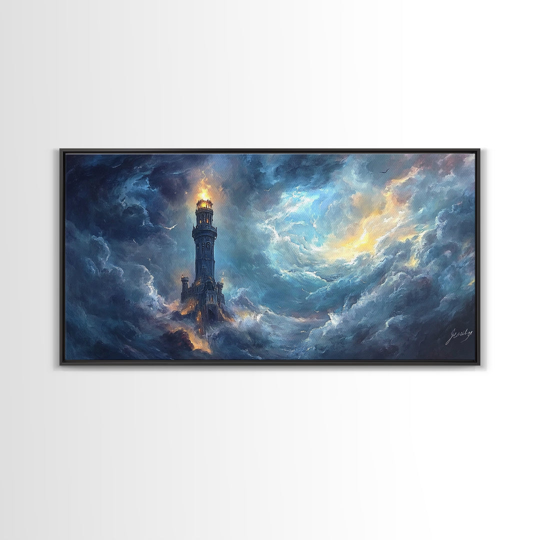 Stormy Lighthouse In Rolling Clouds Framed Canvas Print, Moody Seascape Wall Art, Dark Fantasy Ocean Decor For Living Room