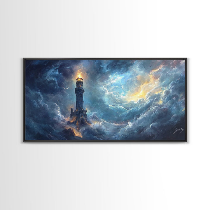 Stormy Lighthouse In Rolling Clouds Framed Canvas Print, Moody Seascape Wall Art, Dark Fantasy Ocean Decor For Living Room