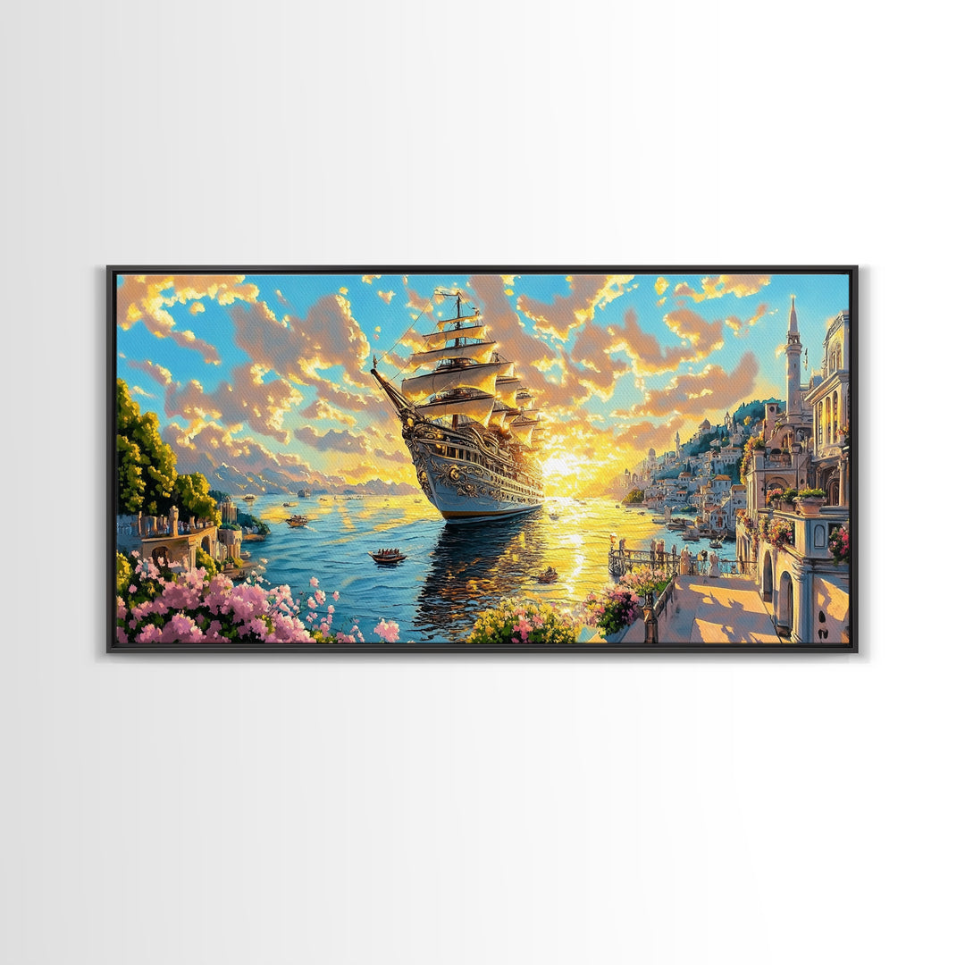 Golden Sailing Ship At Sunset Framed Canvas Print, Amalfi Coast Wall Art, Mediterranean Seascape Large Coastal Travel Home Decor