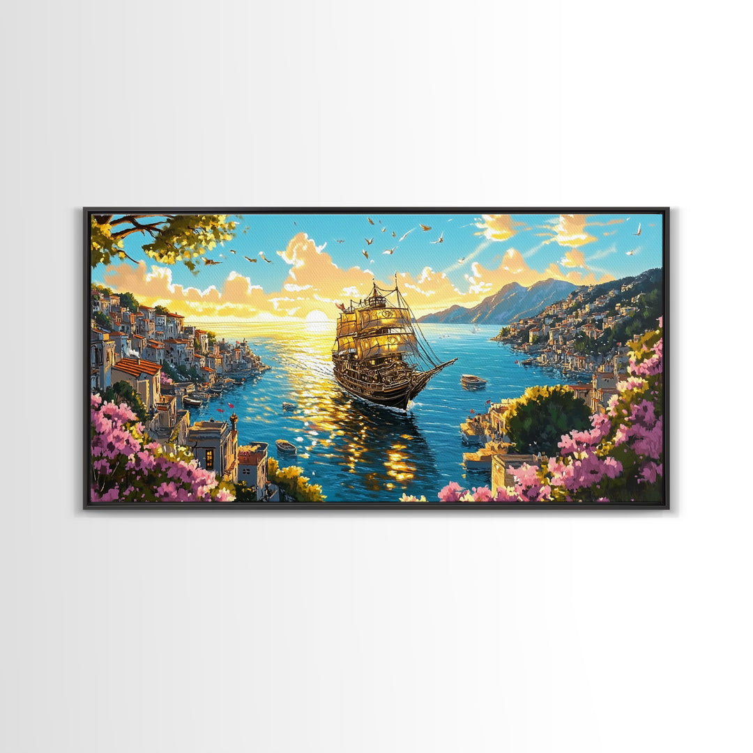 Ornate Ship In Sunlit Harbor Canvas Print, Mediterranean Coastal Wall Art, Floral Seascape Travel Home Decor For Living Room