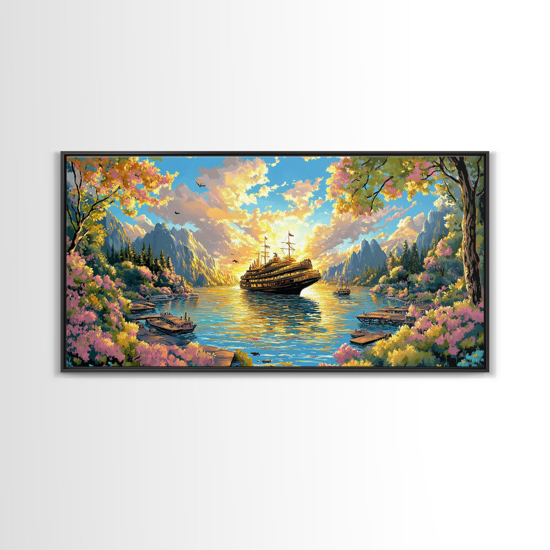 Mountain Lake With Blooming Flowers Wall Art, Fantasy Sailing Ship Canvas Print, Colorful Nature Landscape Large Home Decor