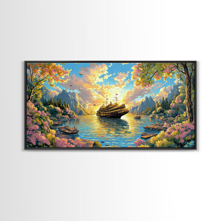 Mountain Lake With Blooming Flowers Wall Art, Fantasy Sailing Ship Canvas Print, Colorful Nature Landscape Large Home Decor