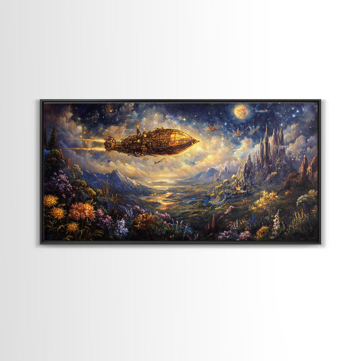 Golden Airship Over Moonlit Castle Valley Framed Canvas Print, Celestial Fantasy Wall Art, Steampunk Landscape Decor For Living Room