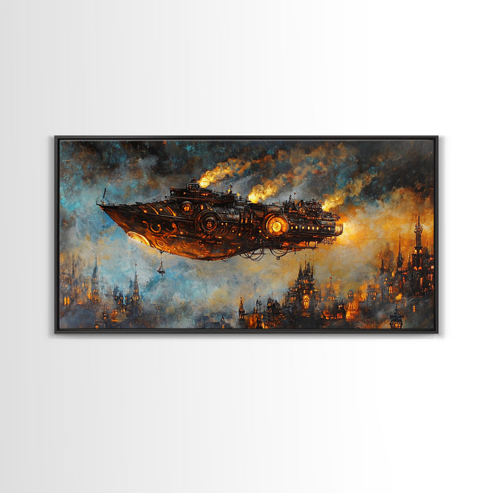 Dark Steampunk Airship Above Industrial City Canvas Print, Sci Fi Fantasy Wall Art, Moody Urban Living Room Decor For Home Office