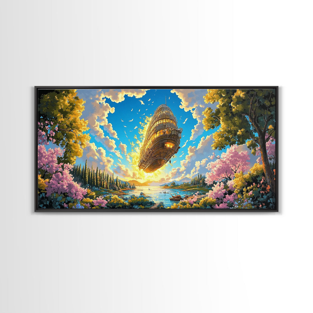 Golden Steampunk Airship Over Blossom Lake Canvas Print, Large Fantasy Landscape Wall Art, Whimsical Coastal Home Decor Gift