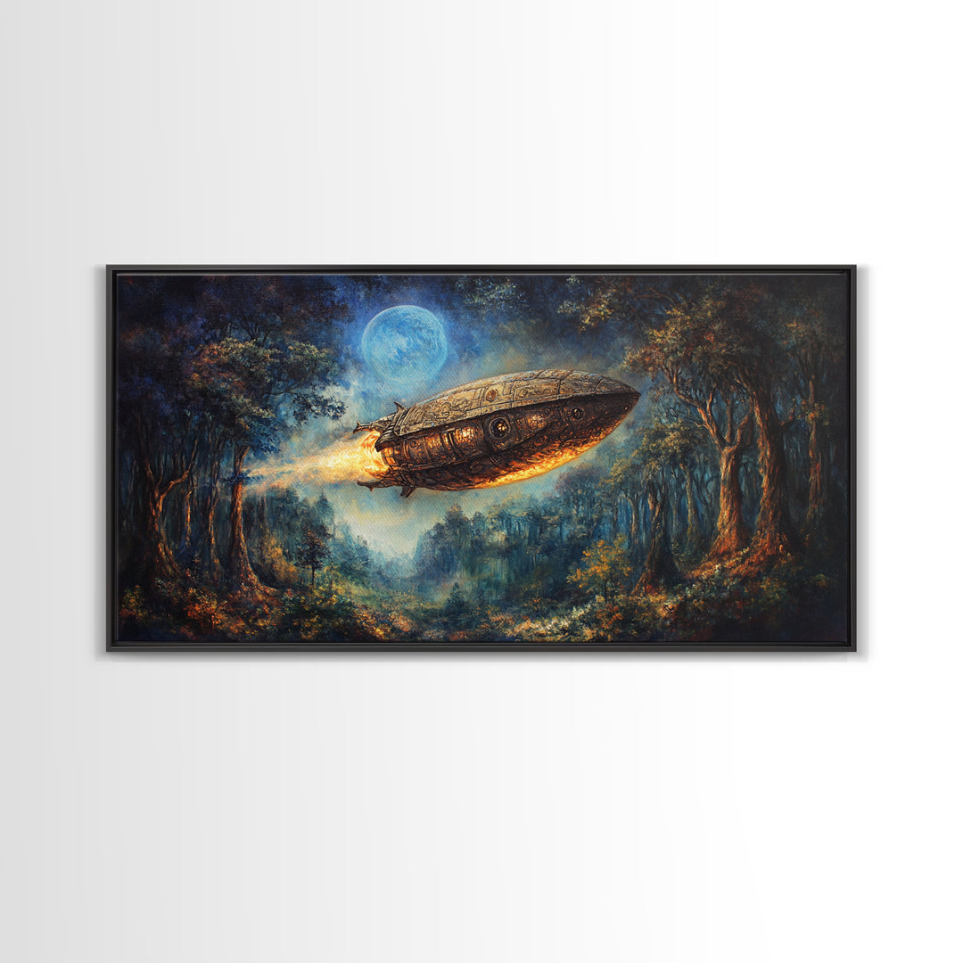 Moonlit Steampunk Airship In Dark Forest Framed Canvas Print, Fantasy Wall Art, Moody Gothic Living Room And Office Decor