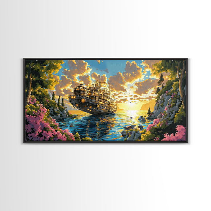 Mechanical Steampunk Ship On Sunlit Mountain Lake Canvas Print, Fantasy Wall Art, Colorful Coastal Living Room Decor Gift