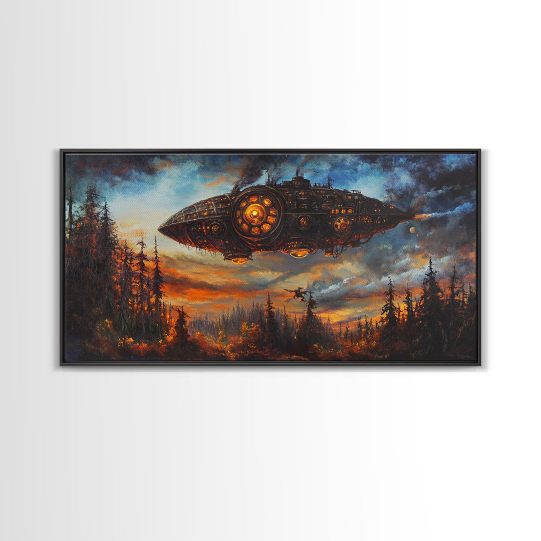 Dark Steampunk Airship Above Pine Forest Sunset Framed Canvas Print, Dystopian Sci Fi Wall Art, Moody Living Room Office Decor